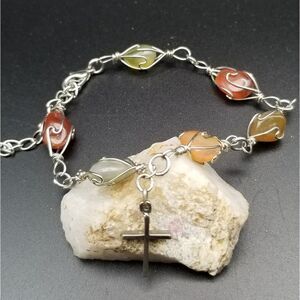 Precious stone religious rosary bracelet cross charm. B335